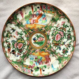 Antique Hand Painted Chinese Porcelain Plate Rose Medallion Gold Pattern 1850s